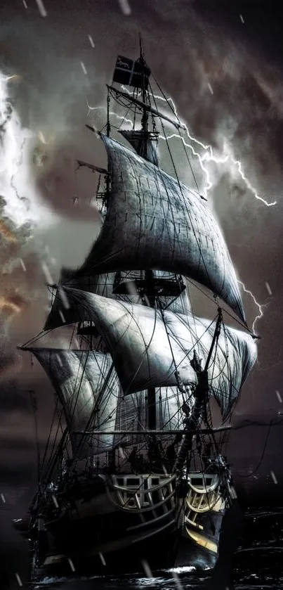 Ship sailing through storm with lightning and dark sky.