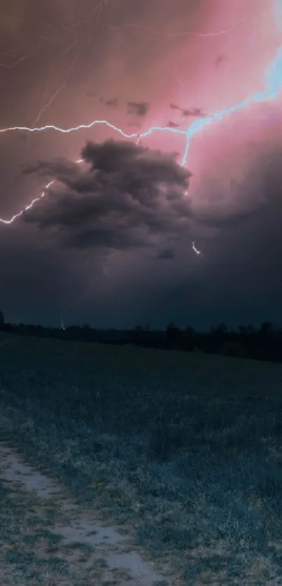 Stormy night sky with lightning and dark clouds over a field.