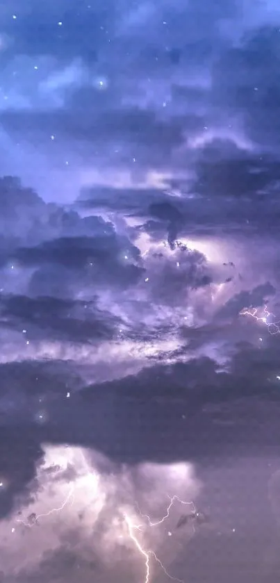 Lightning illuminates stormy clouds under a dark night sky, creating a dramatic effect.