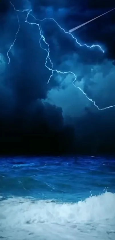 Dark blue ocean with lightning striking a stormy night sky wallpaper.