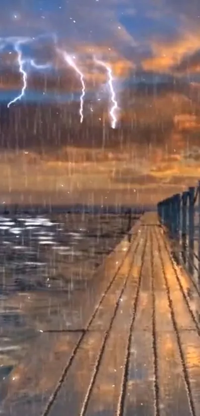 Pier at sunset with lightning and rain over the ocean