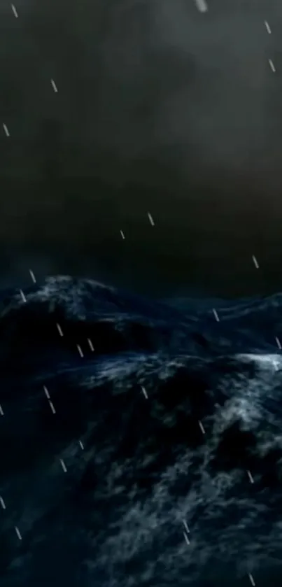 Dark ocean waves with rain falling under stormy sky.