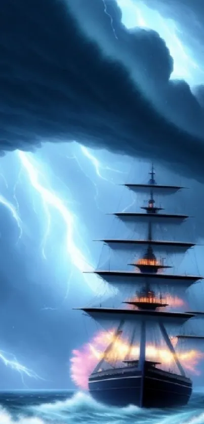 Majestic ship braves stormy ocean with lightning and fiery explosion.