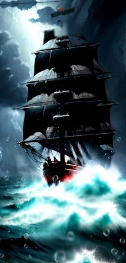 Majestic ship navigating stormy blue ocean with dramatic clouds.