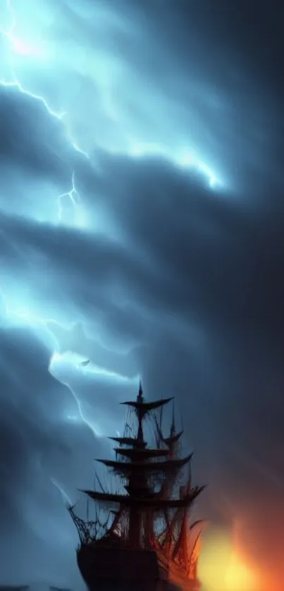 Silhouetted ship beneath a lightning-illuminated stormy sky.