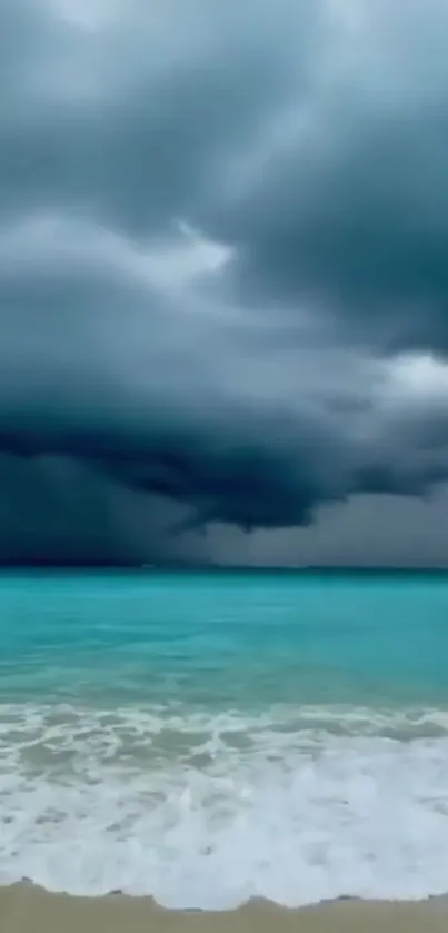 Dramatic stormy ocean scene with dark clouds and turquoise water.