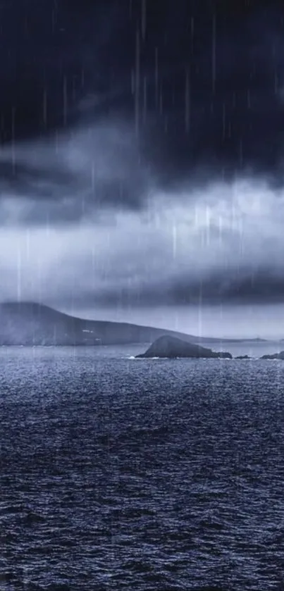 Stormy ocean view with dark clouds and rain.