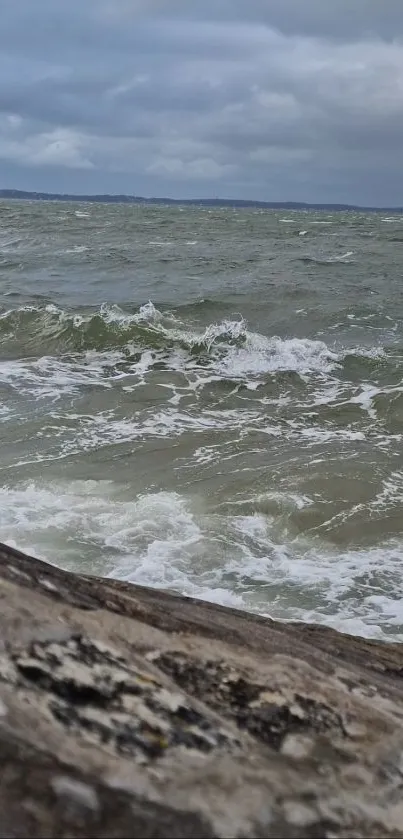 Stormy ocean waves against rocky shore and cloudy sky.