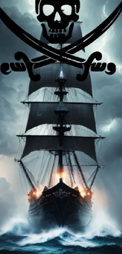 Pirate ship sailing through stormy seas with dark sky and skull emblem.