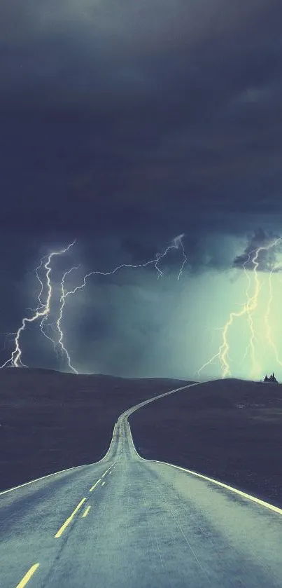 Dramatic stormy road with striking lightning in a dark sky wallpaper.