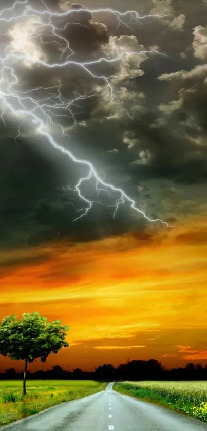 Dramatic lightning over a rural road at sunset.