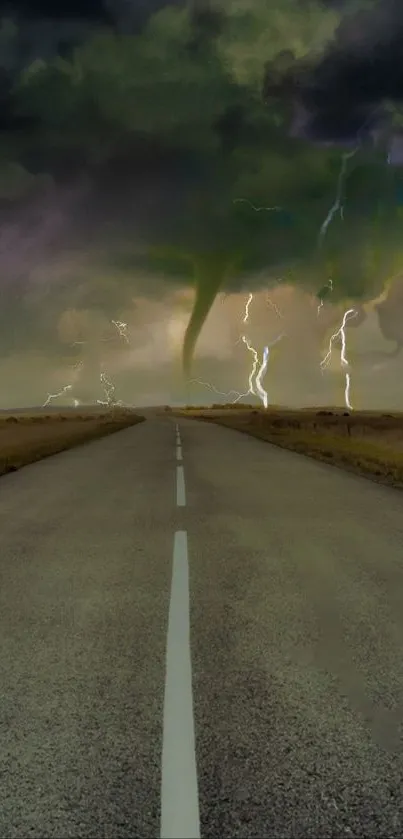 Tornado and lightning on an open road landscape wallpaper.