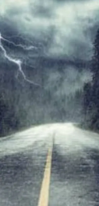 Stormy road with lightning and dark clouds.