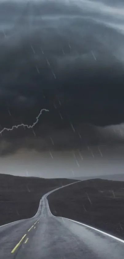 Winding road under a stormy, dark sky with heavy clouds and rain.