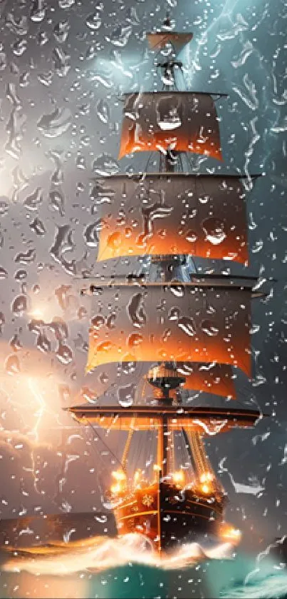 Sail ship in storm with rain drops effect on mobile wallpaper.