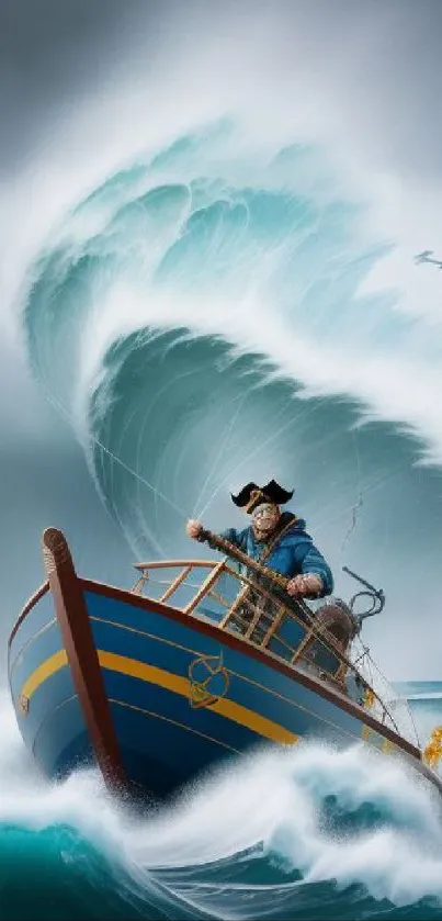 Dynamic pirate ship battling giant waves in a stormy ocean.