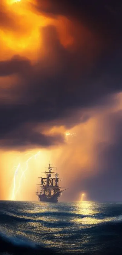 Dramatic ocean scene with ship and lightning under dark stormy skies.