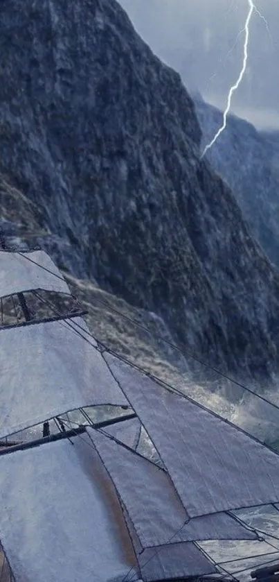 Ship sails through storm with lightning and cliffs in background.