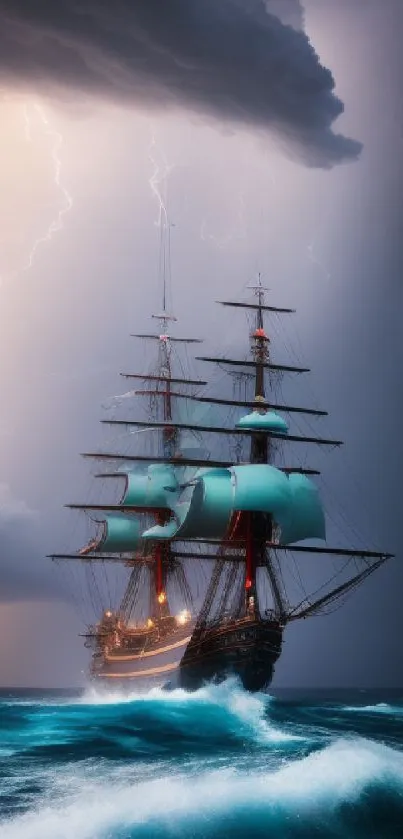 Sailing ship in storm with lightning over turbulent blue sea.