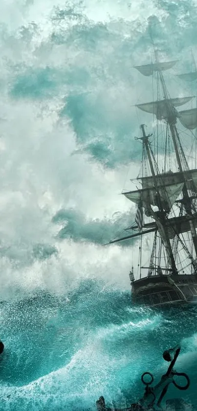 Majestic sailing ship in stormy ocean waves, dramatic wallpaper.