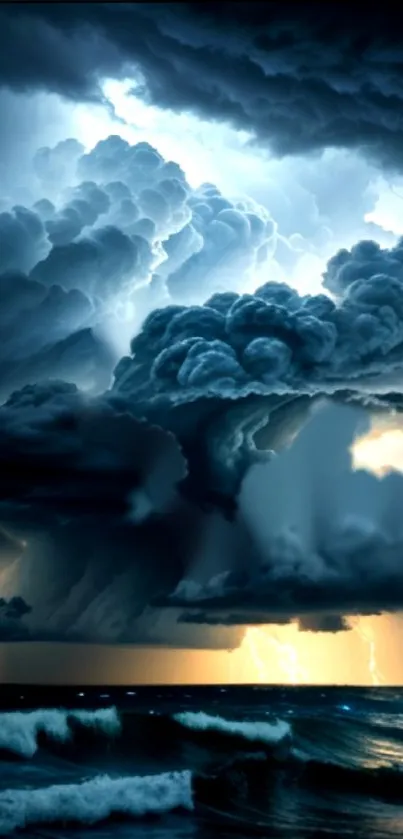 Dramatic storm clouds over a turbulent sea with lightning in the horizon.