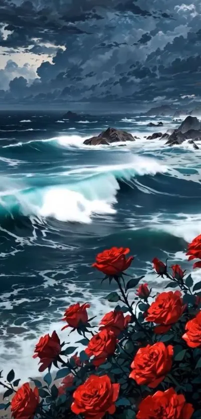 A stormy ocean with red roses in the foreground creates dramatic scenery.