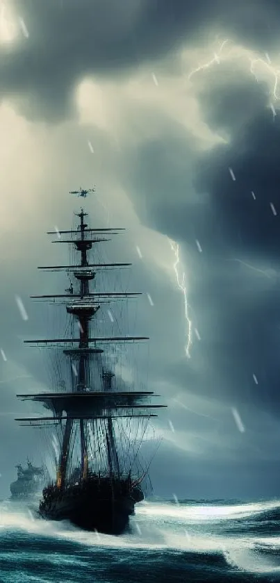 Sailing ship at sea in a storm with lightning.