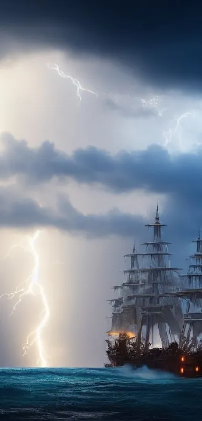 Tall ship sailing through stormy seas with lightning striking in the dark sky.