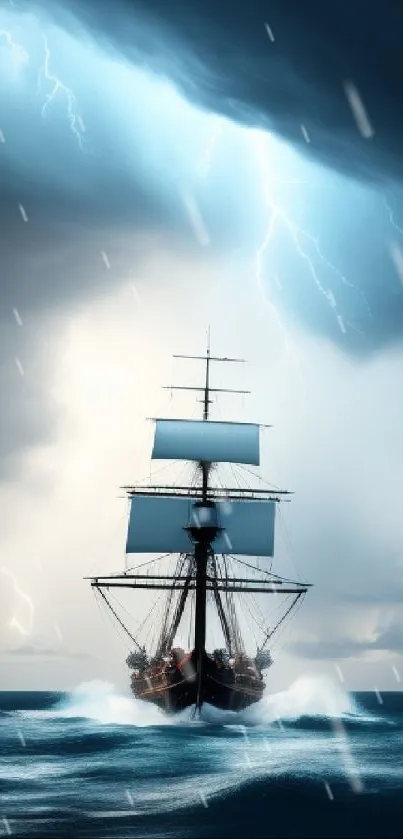 Majestic ship sailing through a storm under a lightning-filled sky.