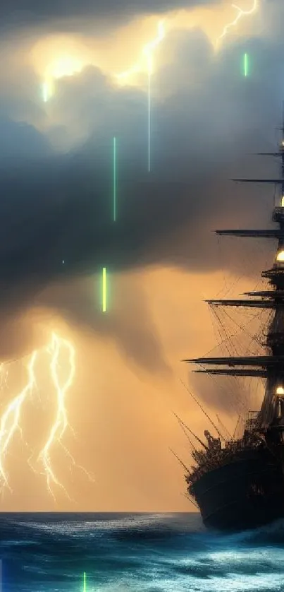 Majestic ship in stormy sea with lightning in the background.