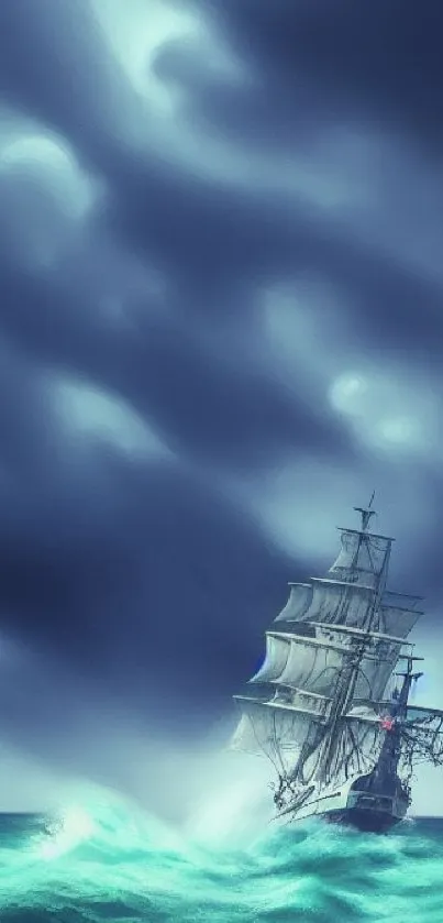 Tall ship in a stormy sea with dark clouds overhead.