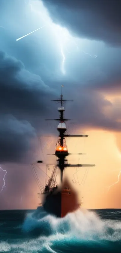 Ship navigating a stormy sea under a lightning-filled sky.