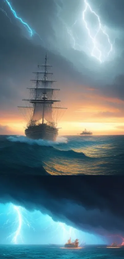 A dramatic scene of ships at sea amidst lightning and stormy skies.