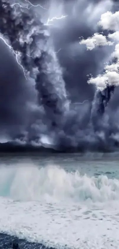 Dramatic stormy sea with lightning and dark clouds.