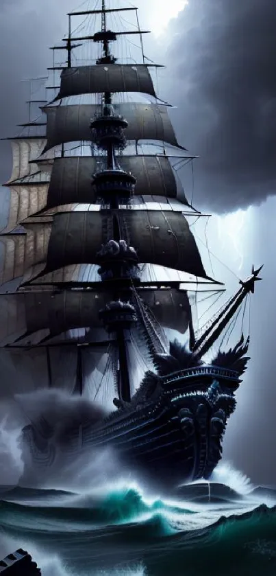 Majestic pirate ship sails through a stormy sea with dramatic lightning in the background.