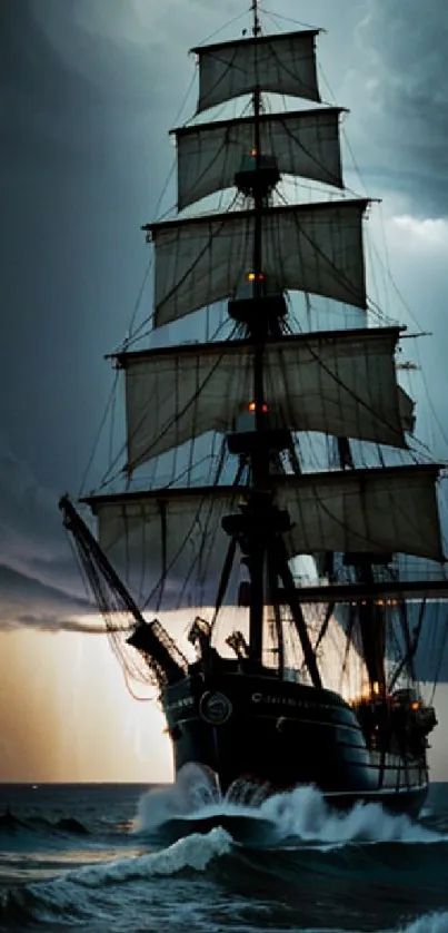 Majestic sailing ship in stormy seas with lightning illuminating the sky.