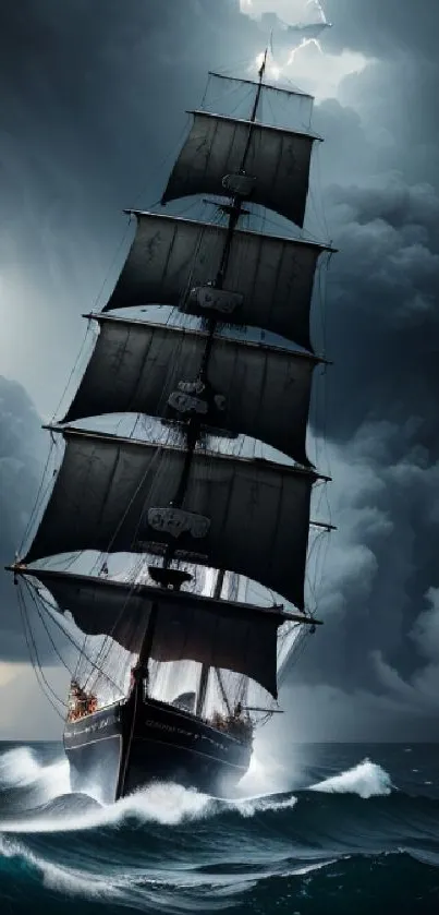 Majestic ship sailing in stormy sea with dark skies and lightning overhead.