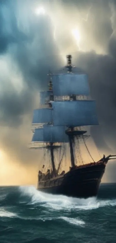 Sailing ship battling intense storm on a dark ocean.