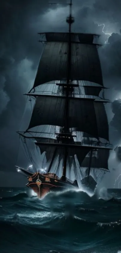 Dark stormy ship at sea in dramatic lighting.