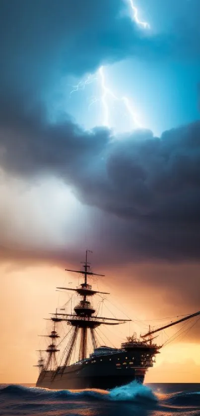 Powerful ship sailing through a stormy sea with vibrant lightning.