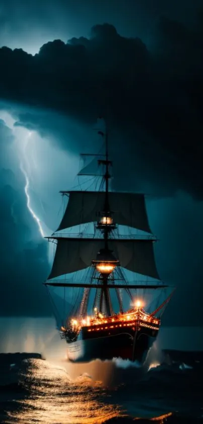 Tall ship sailing through stormy ocean with lightning in the background.