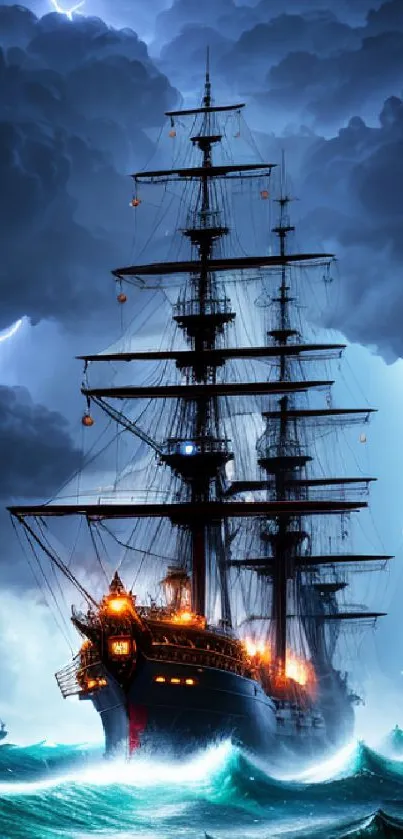 Ship braving stormy seas with lightning and dark clouds.