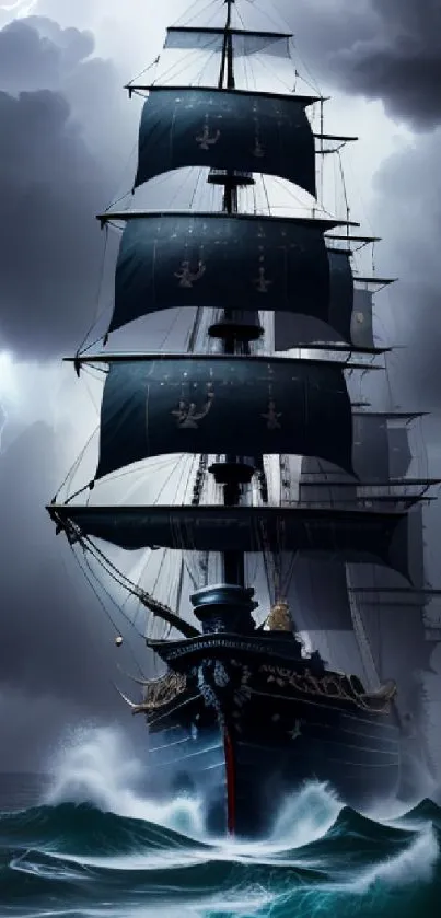 Majestic ship sailing through stormy seas with lightning in the background.