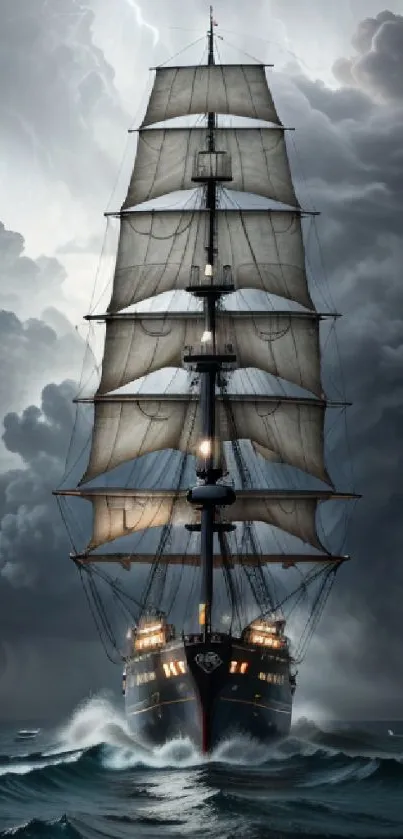 Ship sailing through stormy seas under dark clouds.