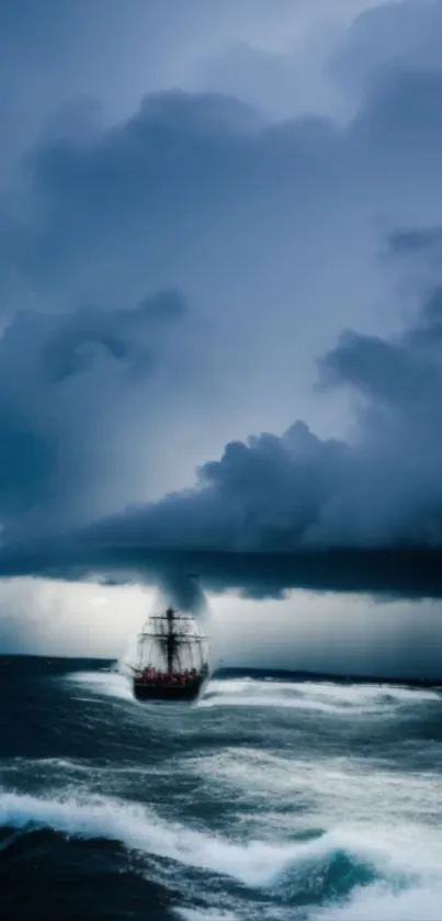 Majestic ship sailing in a stormy ocean under dark skies, with powerful waves crashing.