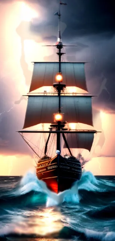 Ship navigating stormy seas with dramatic sky in mobile wallpaper.