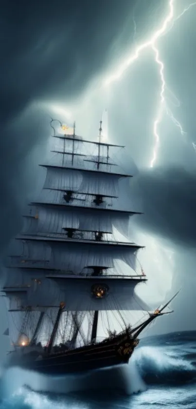 Tall ship braving stormy seas with dramatic lightning.