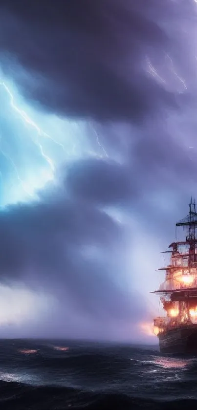 Fiery ship sails a stormy sea with lightning in dramatic dark clouds.