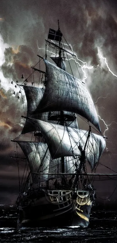 Majestic ship sailing through stormy seas with lightning in the background.