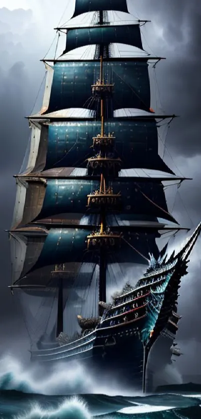 Majestic ship sailing through stormy seas with dark clouds overhead.